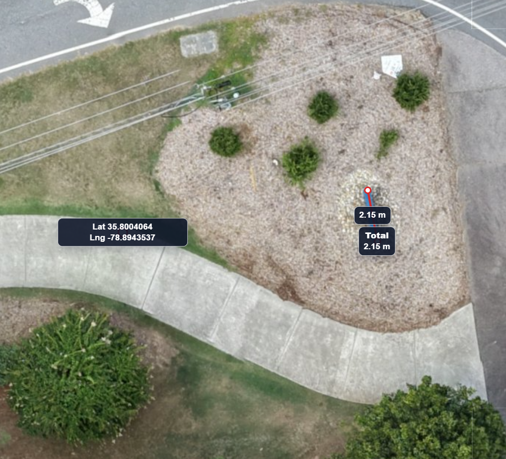 Test 2 after AerialAlign showing coordinate 35.8004064, -78.8943537, less than 0.5 meter coordinate error, and 2.15 meter measured length